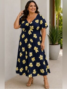 Lane Bryant Size 22 Navy Floral Midi Maxi Dress NWT Yellow Flower Print
